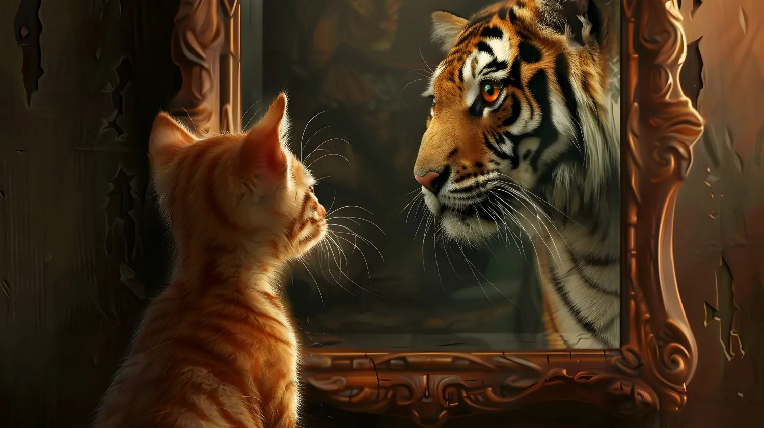 Fesselnde Reflexion eines wilden sibirischen Tigers in einem verzierten Spiegel